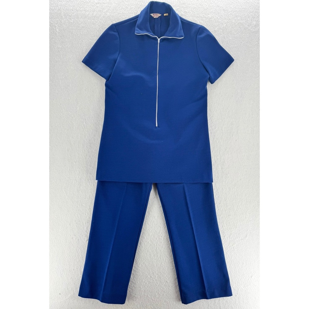 Fritzi of California - VTG 2-Piece Pant Set Half Zip Ribbed - Blue - S - Womens